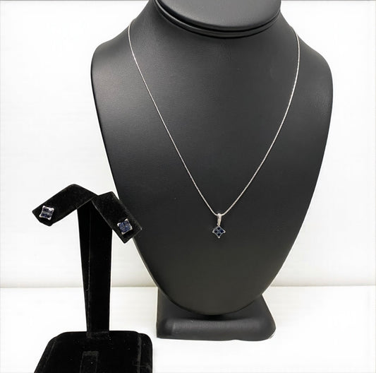 14K White Gold Diamond Square Jewelry Set Ct Dia/Sapphire / 4.8gr / 0.8mm / 18in