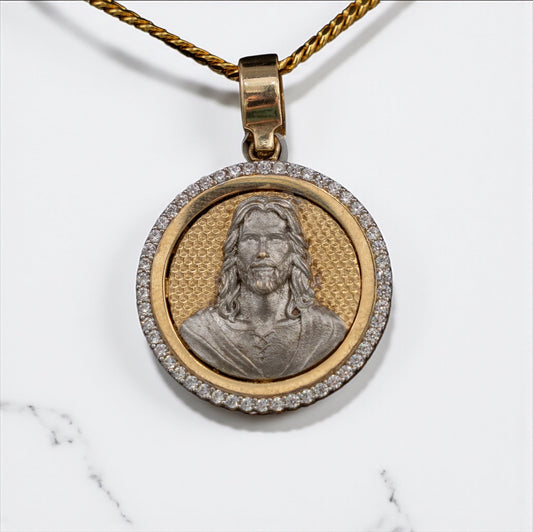 Jesus Face Pendant 14K Yellow - White Gold With Zirconia / 9gr