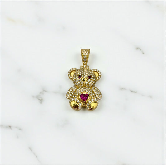 10K Yellow Gold Diamond Bear-Heart Fucshia Pendant 1.06Ct Dia / 3.79gr / 1.3in