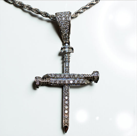 Medium Sword Cross Pendant 14K White Gold With Diamond / 1.3gr