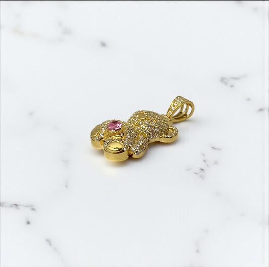 10K Yellow Gold Diamond Bear-Heart Pink Pendant 1.05Ct Dia / 3.9gr / 1.3in