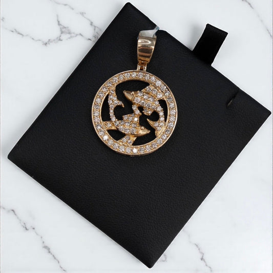 Pisces Sign Pendant 10K Yellow Gold With Diamond / 1.64Ct Dia / 6.2gr