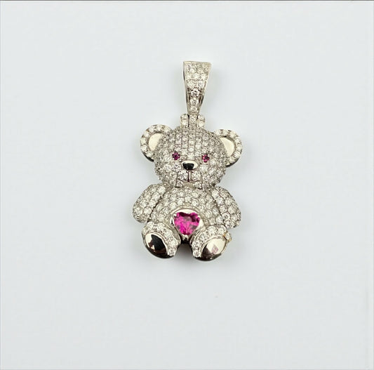 10K White Gold Diamond Bear-Heart Fucshia Pendant 1.06Ct Dia / 3.73gr / 1.3in