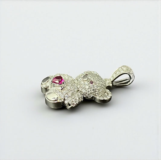 10K White Gold Diamond Bear-Heart Fucshia Pendant 1.06Ct Dia / 3.73gr / 1.3in