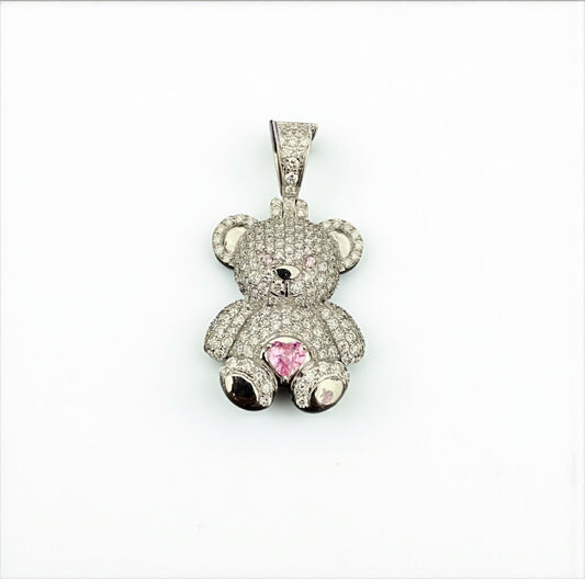 10K White Gold Diamond Bear-Heart Pink Pendant 1.05Ct Dia / 3.86gr / 1.3in