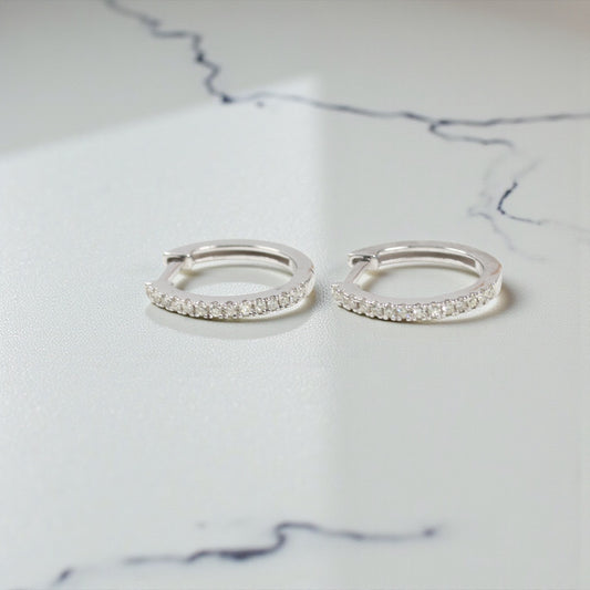14K White Gold Diamond Luxury Hoop Earrings 0.14Ct / 1.2gr