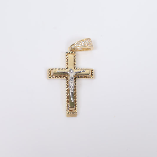 14K 2 Tone Crusifix Pendant / 4.44gr / 1.3in / White Zircons