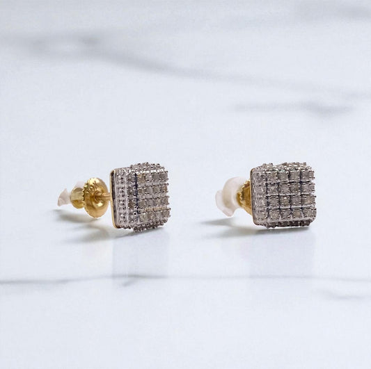 10K Yellow Gold Diamond Square Stud Earrings 0.35Ct / 2gr