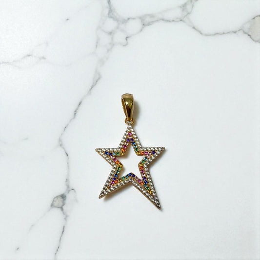 18K Yellow Gold Star Pendant With Colored Zircons / 2.59gr / 1.5in