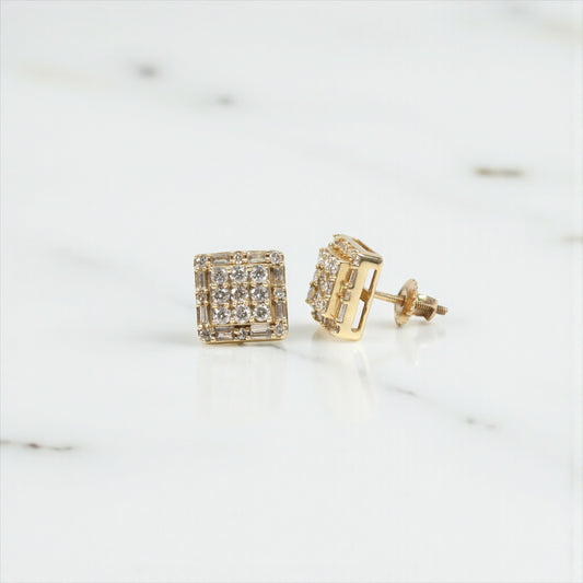 10K YG Diamond Double Square Stud Earrings / 2.63gr / 9mm / D-0.85Ct
