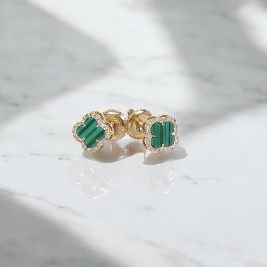 14K YG Green Clover Stud Earrings / 1.36gr / 8mm / 0.18Ct Dia