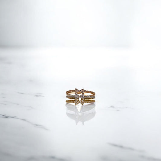 18K Three Colour Gold Three-Lines Bows Ring With Zircons / 4.1gr / Size 6.5