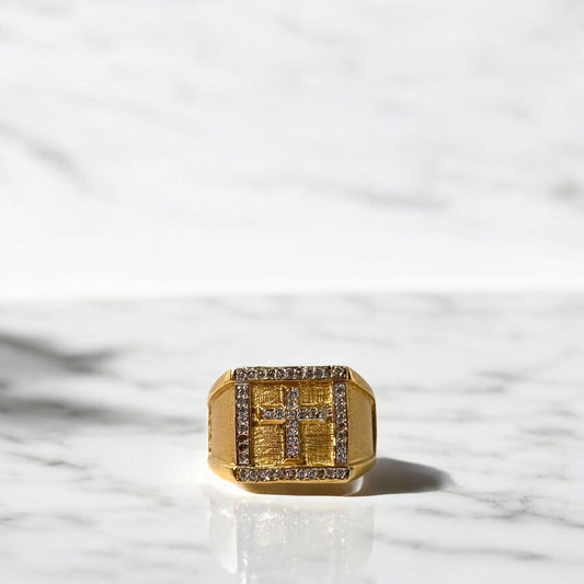 18K Yellow Gold Square Cross Ring With Zircons / 10.6gr / Size 10