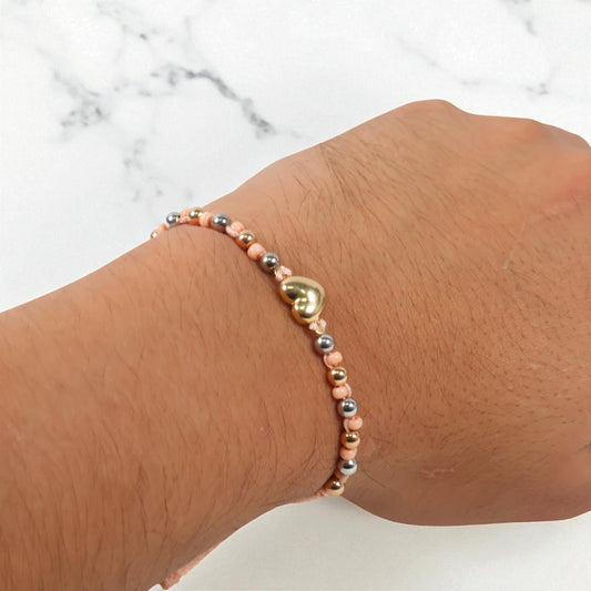 18K 2 Tone Heart-Smooth Balls Bracelet Tejido / 1.59gr / Adjustable /