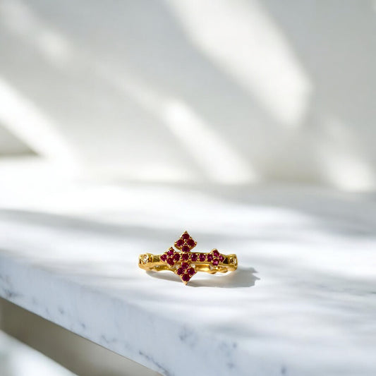 18K Yellow Gold Fuchsia Cross Ring With Zircons / 2.7gr / Size 5 3/4