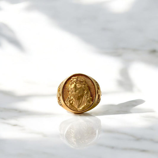 18K Yellow Gold Jesus/Cross Ring With Zircons / 15.4gr / Size 10