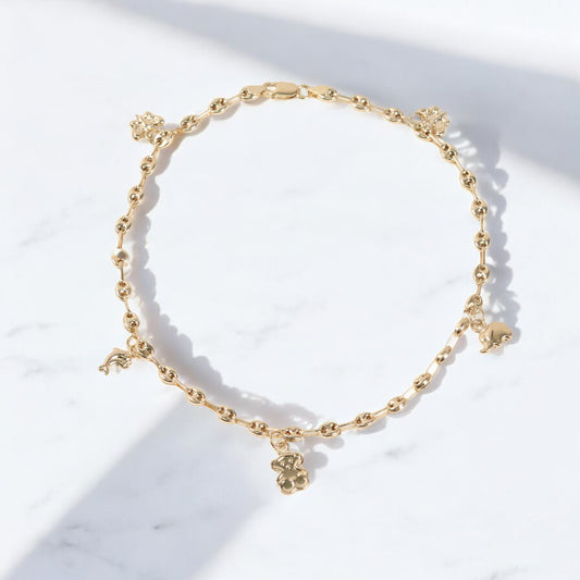 18K Yellow Gold Gc-Butterfly-Dolphin-Oso Ts-Elephant Anklet / 4.3gr / 3.6mm / 9.5in