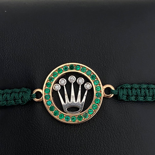 18K Rose-White Gold Diamond Crown Round Tejida Adjustable Bracelet Ct Dia/Emerald / 7.6gr