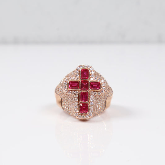 10K RG Diamond Cross With Ruby Rings / 9.7gr / Sz 10 / D-2.05Ct / R-1.75