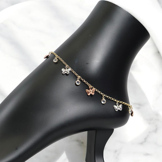 14K 2 Tone Roll On Butterfly Anklet / 3.80gr / 10in