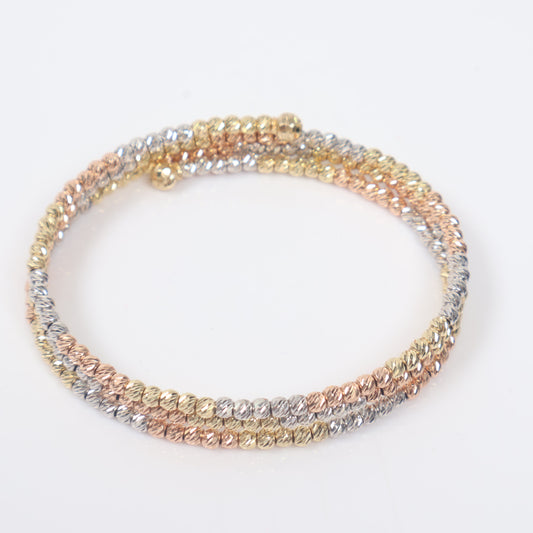 14K 3 Tone Diamond Cut Balls Luxury Bangle Bracelet / 14.2gr / Sz 7 1/4 /