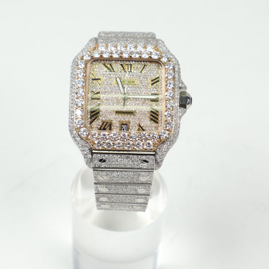 Watch Cartier Santos Bustdown Yellow Gold Roman Numbers - Big Diamonds Bezel Watch / / 41mm / Wt Dia