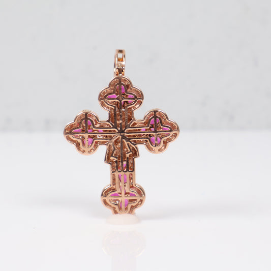 10K RG Diamond Cross - Jesus Face With Ruby Pendant / 9.34gr / 1.7in / D-1.05Ct / R-2.65