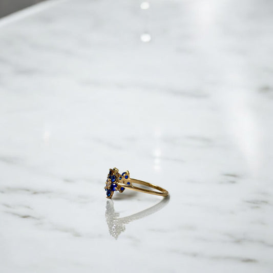 18K Yellow Gold Flower Trio Ring With Dark Blue Zircons / 1.8gr / Size 6