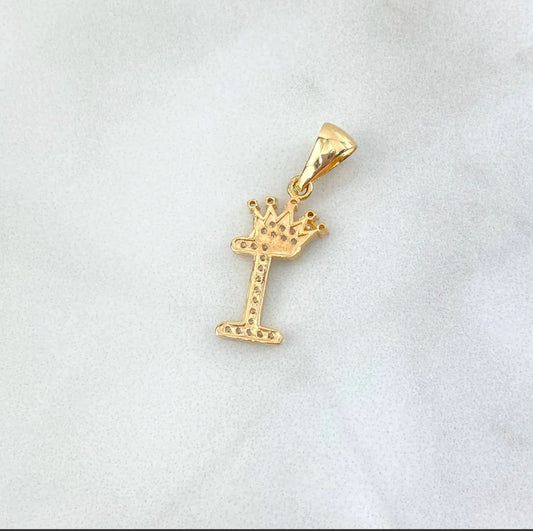 18K Yellow Gold Letter I With Crown Pendant With Zircons / 1.45gr / 1in