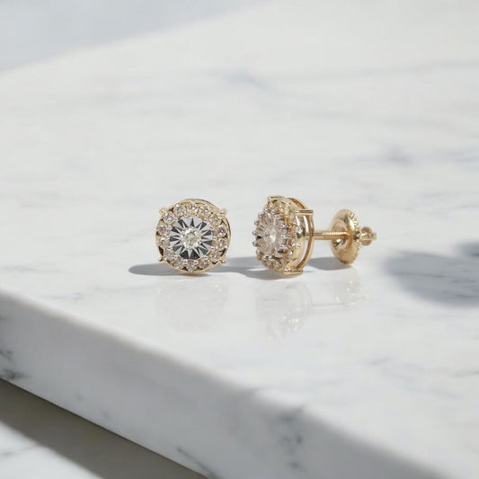 14K YG Diamond Circle Luxury Stud Earrings / 2.1gr / 8mm / 0.55Ct Dia