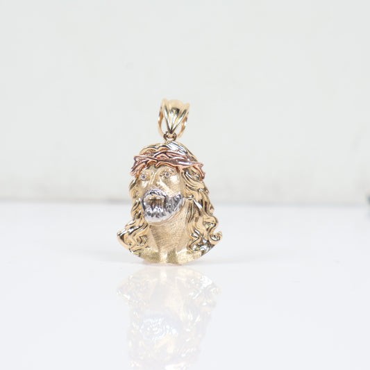 14K 3 Tone Little Jesus Face Pendant / 2.7gr / 1in / White Zircons