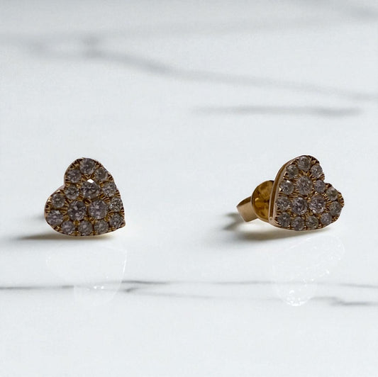 14K Yellow Gold Diamonds Heart Stud Earrings 0.17Ct Dia / 1gr / 7mm