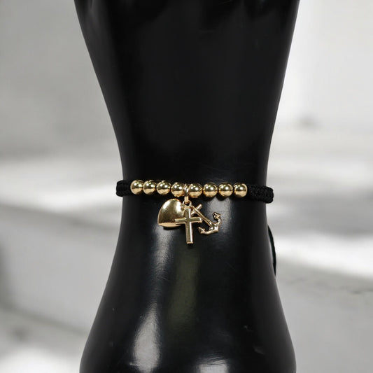 18K YG Three Graces-Cross-Heart-Anchor-Diamond Cut Balls Bracelet Tejido / 2.22gr / Adjustable /
