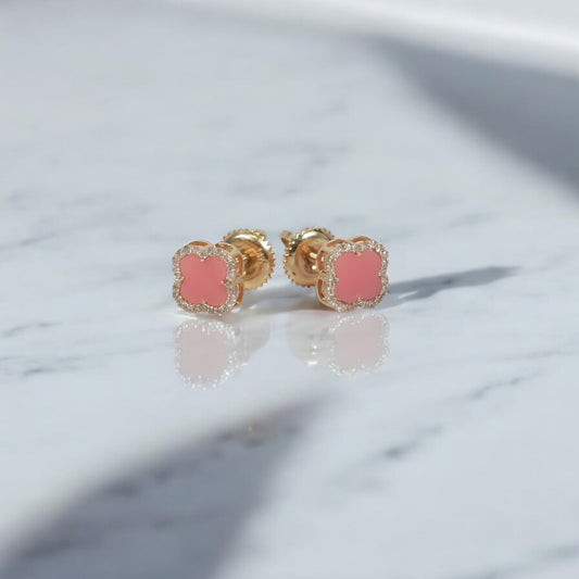 14K YG Pink Clover Stud Earrings / 1.26gr / 8mm / 0.18Ct Dia