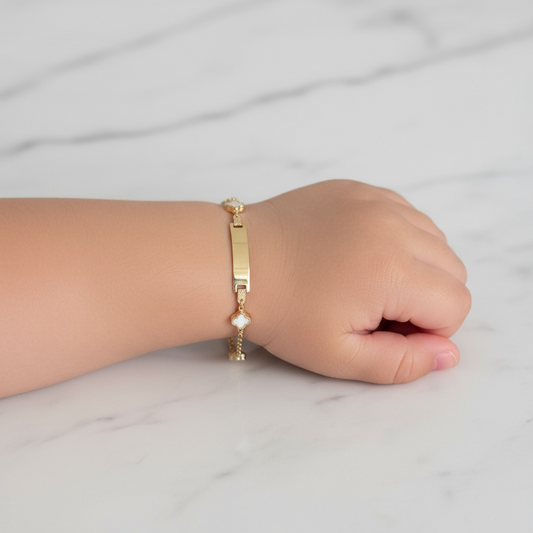 14K YG Baby Roll-on Name Plate With White Clover Bracelet / 2.15gr / 2mm / 6in /