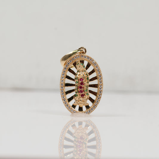 18K YG Virgin Of Guadalupe Pendant / 4.5gr / 1in / Green-Fucshia-White Zircons