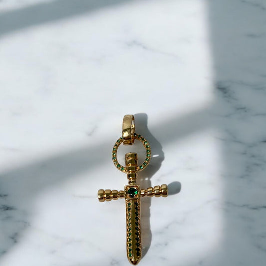 18K Yellow Gold Sword Pendant With Green Zircons / 7gr / 2in