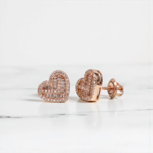 10K RG Diamond Heart Stud Earrings / 2.96gr / 10mm / D 0.45Ct