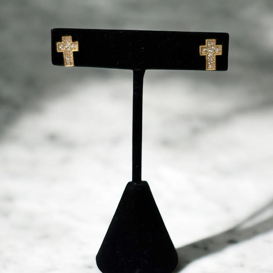 14K Yellow Gold Diamond Cross Stud Earrings 0.25Ct / 1.7gr