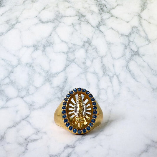 18K Yellow - White Gold Virgen Guadalupe Ring With Zircons / 6.3gr / Size 6 1/4