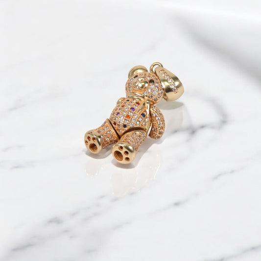 18K Yellow Gold Articulate Bear Pendant With Color Zircons / 8.9gr