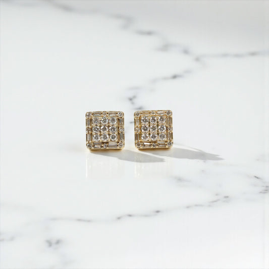 10K YG Diamond Double Square Stud Earrings / 2.63gr / 9mm / D-0.85Ct