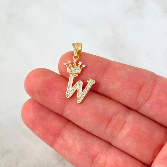 18K Yellow Gold Letter W With Crown Pendant With Zircons / 1.91gr / 1in
