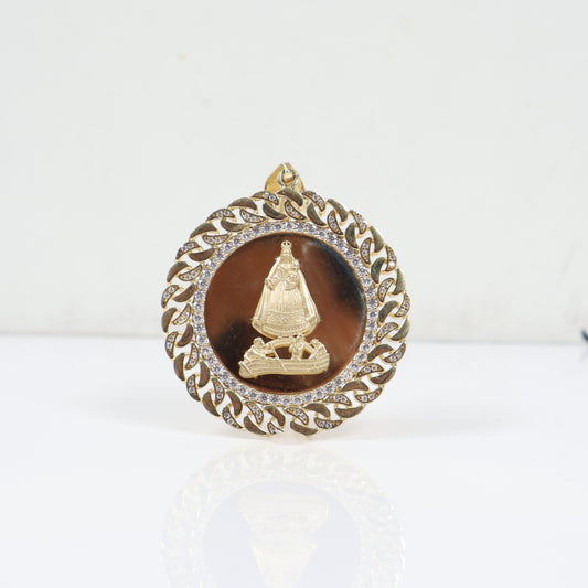 14K YG Medal Of The Virgin Of Charity Of Copper Pendant / 12.9gr / 1.8in / White Zircons