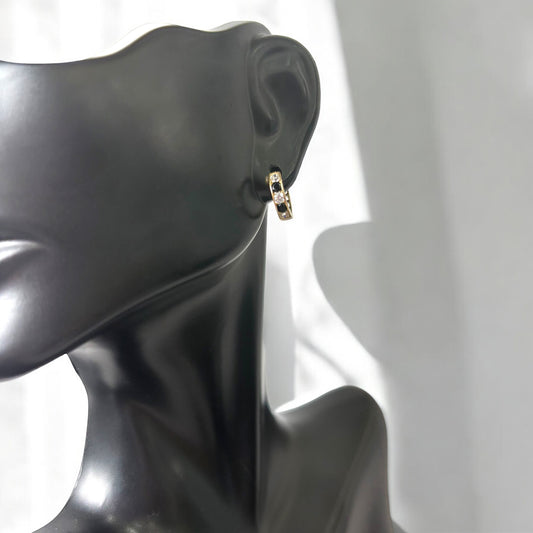 14K Yellow Gold Luxury Huggie Hoop Earrings With Black Zircons / 0.9gr
