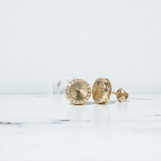 10K YG Diamond - Diamond Cut Circle Stud Earrings / 2.21gr / 9mm / D-0.30Ct