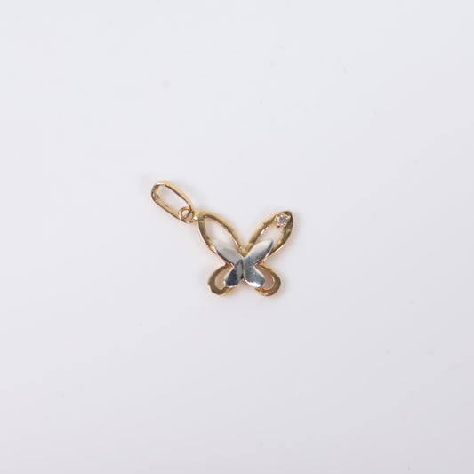 14K 2 Tone Double Butterfly Pendant / 1.3gr / 0.8in / White Zircons