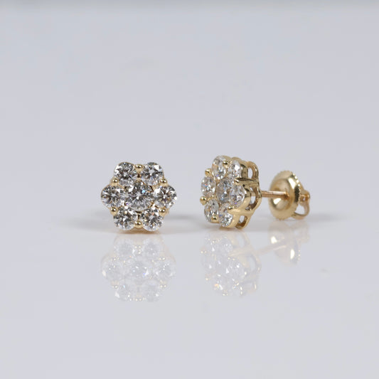 14K YG Lab Diamond Flower Stud Earrings / 2.3gr / 9mm / 1.50 CTTW Lab VS / E-F