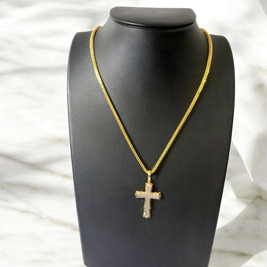 10K Yellow - White Gold Cross Jewelry Set Pend/Chiain / 9.9gr