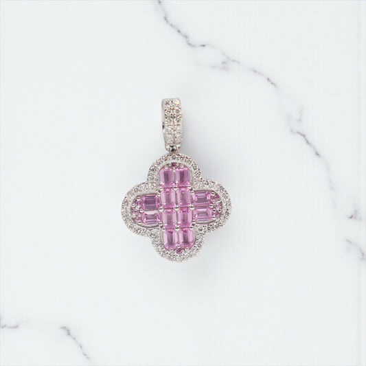 14K WG Diamond Clover With Pink Sapphire Pendant / 5.33gr / 1.1in / S-2.09Ct / D-0.60Ct
